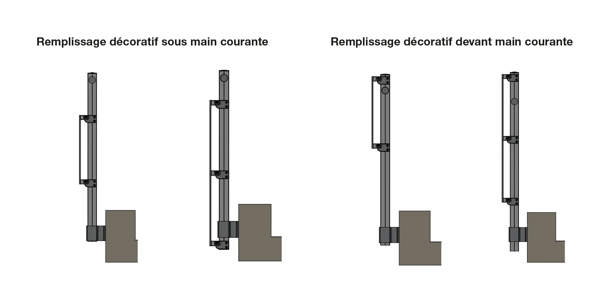 Barrial décor : différents modèles de remplissages décoratifs, sous main courante et devant main courante