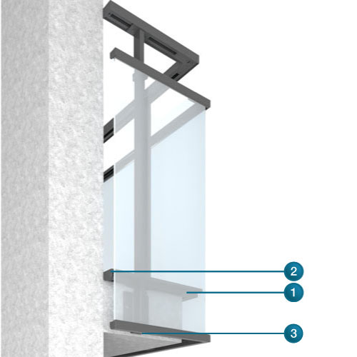 garde-corps aluminium Panorama fixation D sur dalle à travers le complexe d'étanchéité